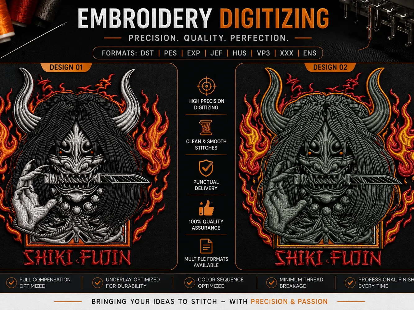 Embroidery digitizing sample: Shiki Fujin design shown as artwork and as a stitched embroidery file